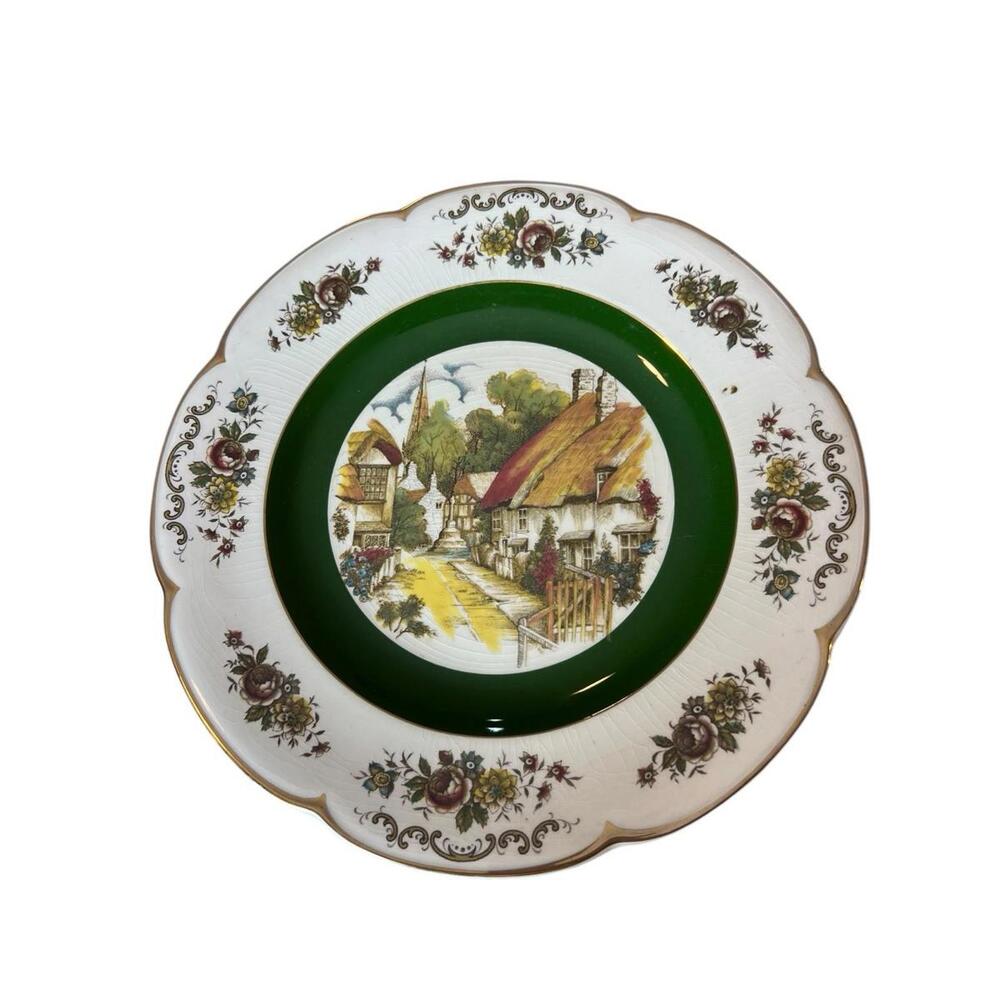 Vintage Woods and Sons Ascot Ironstone Plate: English Village Scene, Gold‎ Trim